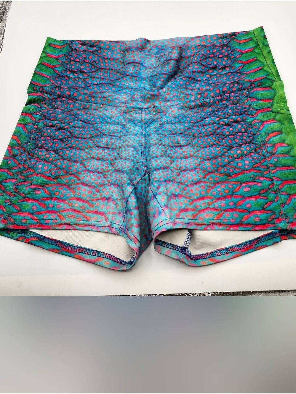 Athletic High-Waist Compression Shorts - Blue Green Pink Print